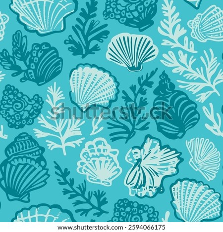 seashells, sea doodles, blue background, ocean, deep blue sea, coral reef, seamless pattern, repeat, home textile, print textile, clothing, fabric vector artwork