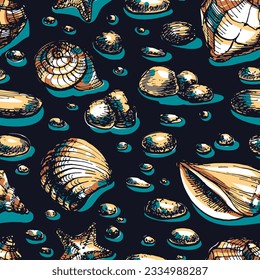 Seashells and sea pebbles - seamless 
vector pattern