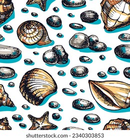 Seashells and sea pebbles - seamless 
vector pattern
