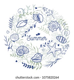 Seashells and sea plants. Marine frame.