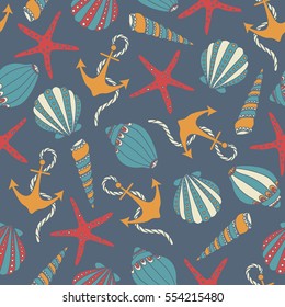 Seashells, sea stars and anchors seamless pattern, hand drawn icons. Colorful background vector. Marine illustration with starfishes and shells icon collection. Decorative wallpaper, good for printing