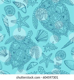 Seashells, sea stars, corals and bubbles seamless pattern, vector.  Marine illustration with starfishes,  shells, mollusk, clam icon collection. Decorative wallpaper, good for printing