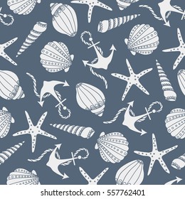 Seashells, sea stars icons and anchors seamless pattern vector. Colorful background vector. Marine illustration with starfishes and shells icon collection. Decorative wallpaper, good for printing