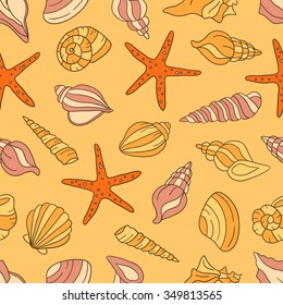 Seashells and sea stars icons seamless pattern vector. Colorful background vector. Marine illustration with starfishes and shells icon collection. Decorative wallpaper, good for printing