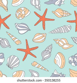 Seashells and sea stars icons seamless pattern vector. Colorful background vector. Marine illustration with starfishes and shells icon collection. Decorative wallpaper, good for printing