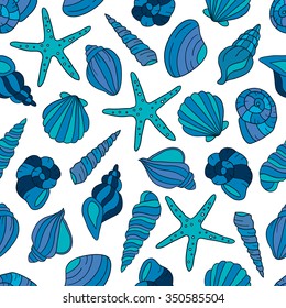 Seashells and sea stars icons seamless pattern vector. Colorful background vector. Marine illustration with starfishes and shells icon collection. Decorative wallpaper, good for printing