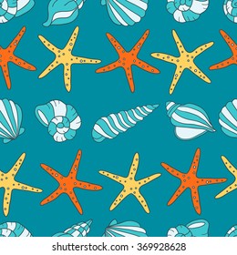 Seashells and sea stars icons seamless pattern vector. Colorful background vector. Marine illustration with starfishes and shells icon collection. Decorative wallpaper, good for printing