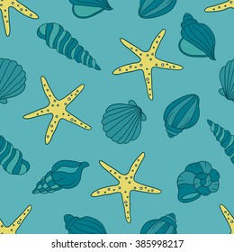 Seashells and sea stars icons seamless pattern vector. Colorful background vector. Marine illustration with starfishes and shells icon collection. Decorative wallpaper, good for printing