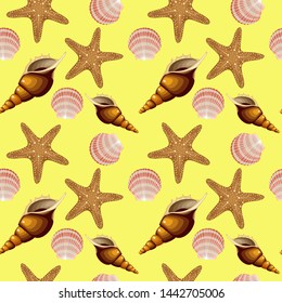 Seashells sea stars Seamless pattern
