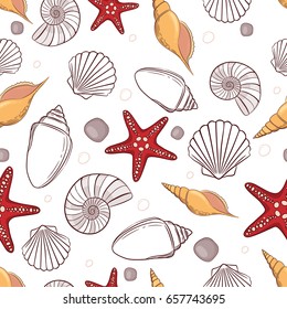 Las estrellas marinas y las estrellas marinas son un patrón ininterrumpido. Ilustración marina con peces estrella y colección de conchas. Papel pintado decorativo, bueno para imprimir.