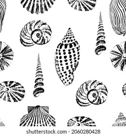 Seashells seamless black-white pattern. Black ink brush texture.