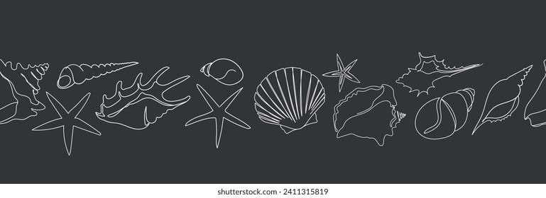 Seashells seamless border with chalk on a black board.. Summer tropical ocean beach style.