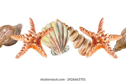 Seashells, seamless border, starfish, watercolor. Sea life vector illustration. Design element for postcards, travel banners, flyers, labels, posters.