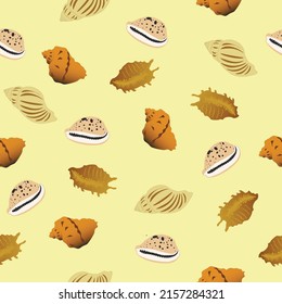 Seashells seamless pattern. Beautiful shells on a yellow background. Suitable for fabric, knitwear, bkmagi, wallpaper. Vector design eps 10