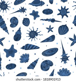 Seashells seamless pattern. Collection of blue hand drawn shells on a white background. Starfish, mussel and snail. Vector illustration.