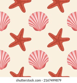 Seashells Seamless pattern. Composition of scallop and starfish background.  Seashells pattern on Sand backdrop background. Exotic beach shellfish, clamshell. Vector illustration