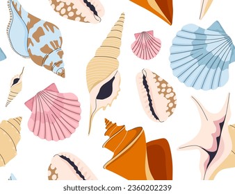 Seashells seamless pattern concept. Repeating design element for printing on fabric. Coralls and reefs. Nautical life and underwater objects. Biology and wildlife. Cartoon flat vector illustration