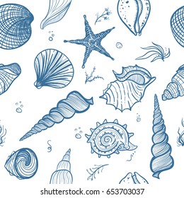 Seashells seamless pattern. Hand drawn doodle seashells, starfish, seaweed and corals. Creative seashells vector background.