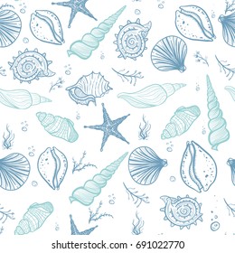 Seashells seamless pattern. Hand drawn doodle seashells, starfish, seaweed and corals. Creative seashells vector background.