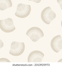 Seashells seamless pattern. Light gray background. Vector flat cartoon illustration.