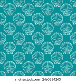 Seashells seamless pattern with line art illustration in white color on turquoise background. Scallop sketch, seashell line drawing. Summer beach ocean print for background, textile, fabric