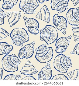 Coquillages Motif Harmonieux Style Art Ligne. Impression d'art simple dessinée à la main pour un design branché. Illustration vectorielle Océan et Abstrait de mer en style Croquis Doodle. Pas AI