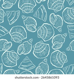Coquillages Motif Harmonieux Style Art Ligne. Impression d'art simple dessinée à la main pour un design branché. Illustration vectorielle Océan côtier et Abstrait de mer en style Croquis Doodle. Pas AI