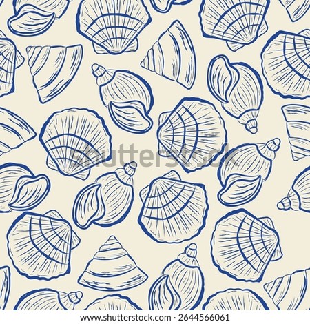 Seashells Seamless Pattern Line Art Style. Shell Simple Hand Drawn Art Print for Trendy Design. Ocean and Sea Abstract Vector Illustration in Doodle Sketch Style. Not AI