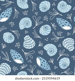 Seashells seamless pattern. Nautical design. Summer, beach, sea life, ocean, travel, vacation elegant repeat background. Textile, paper design.
