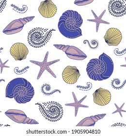 Seashells seamless pattern on white background. Sea background. Vector illustration.