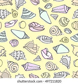 Seashells. Seamless pattern on yellow background.