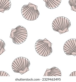 Seashells seamless pattern. One line drawing of a shell. Hand drawn marine illustrations of seashells. Summer tropical ocean beach style
