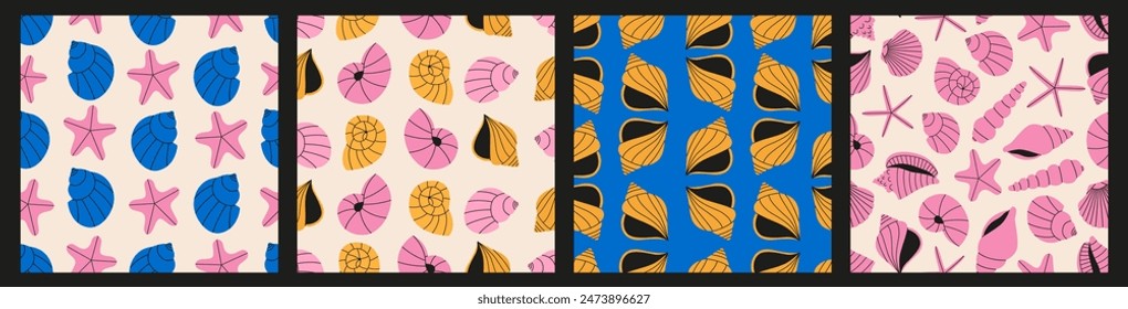 Seashells seamless pattern set in vibrant colors. Summer pattern collection of sea scallop for wrapping paper, wallpaper, notebook cover.