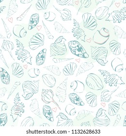 Seashells seamless pattern. Simple drawing seachells