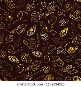 Seashells seamless pattern. Simple drawing seachells. Golden seashells on dark background