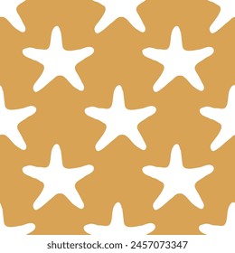 Patrón sin fisuras de conchas marinas con ilustración de silueta de estrella de mar en color blanco sobre fondo amarillo. Boceto de estrella de mar, dibujo de mar. Estampado de la playa del océano del verano para el fondo, textil, tela