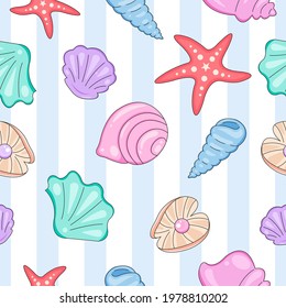 Seashells seamless pattern with striped background. Summer style repeat pattern with sea stuff. Shells, pearls, starfish, clam, horn snail. Doodle seashells pattern for design fabric, paper. 