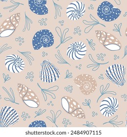 Seashells seamless pattern. Summer, beach, sea life, ocean, travel, vacation elegant repeat background. Textile, paper design.