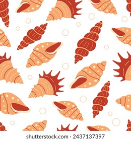 Seashells seamless pattern. Trendy background of seashells for wrapping paper, web, textile. Marine decoration. Flat style