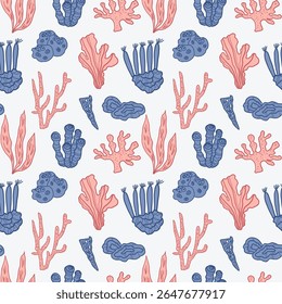 Seashells seamless pattern vector illustration nautical motif. Repeating background with conches, fish, sea plants for template, textile, print, card, poster. Texture for beach, sea, seafood, summer