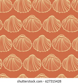 Seashells seamless pattern vector. Orange background.