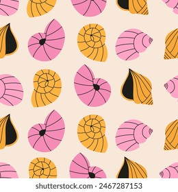 Seashells seamless pattern in vibrant colors. Summer pattern of sea scallop for wrapping paper, wallpaper, notebook cover.