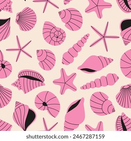 Seashells seamless pattern in vibrant colors. Summer pattern of sea scallop for wrapping paper, wallpaper, notebook cover.