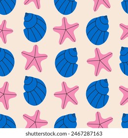 Conchas de mar sin patrón en colores vibrantes. Patrón de verano de vieira de mar para envolver papel, Fondo de pantalla, cubierta de cuaderno.