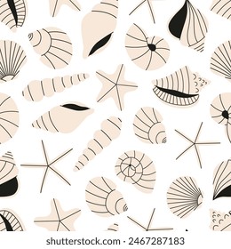 Seashells seamless pattern in vibrant colors. Summer pattern of sea scallop for wrapping paper, wallpaper, notebook cover.