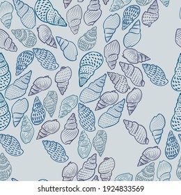 seashells seamless pattern. wallpaper in blue. background. Marine theme. Print for fabric, postcard, design of invitations, print for clothes. vector eps 10