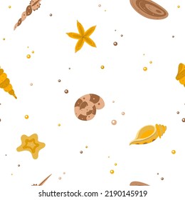 Seashells seamless pattern. White background. Sea vector illustration
