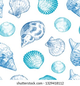 Seashells seamless pattern for your ocean life design. Elegant sea shells background. Summer template collection vector illustration