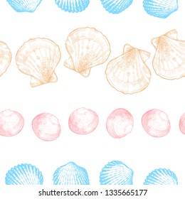 Seashells seamless pattern for your ocean life design. Elegant sea shells background in soft colors. Summer template collection vector illustration