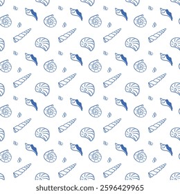 Seashells seamless patterns, blue hand drawn ocean life pattern